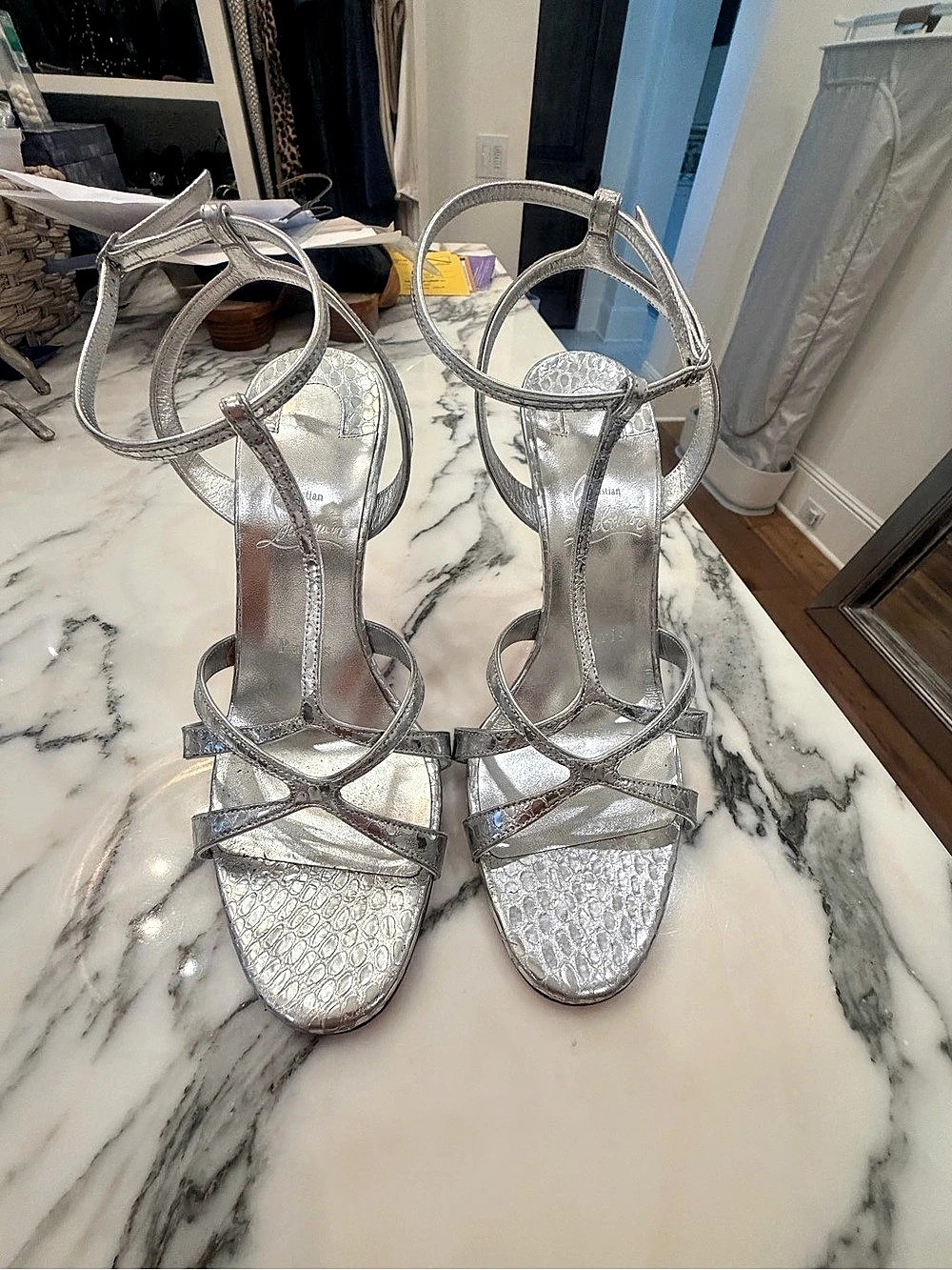Authentic Christian Louboutin Silver Strappy High Heels
